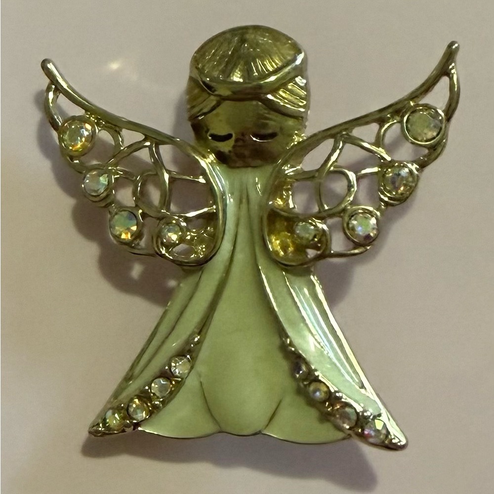 Gold Tone Angel Brooch with Rhinestones - Picture 2 of 3